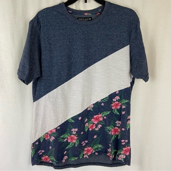 Free Planet Mixed Media Patchwork Navy White and Floral Tee Woman’s - Picture 5 of 13